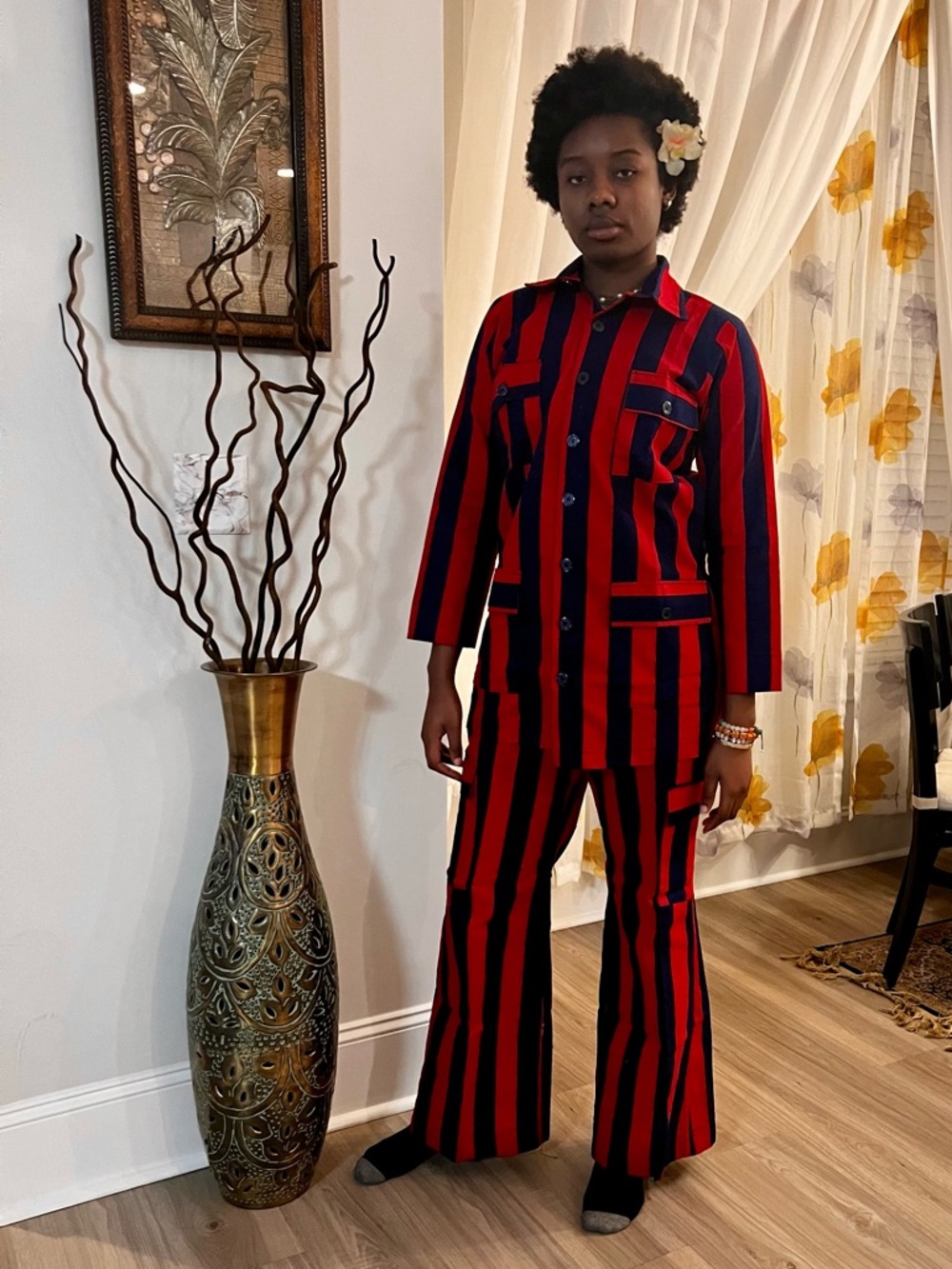 Striped Red & Blue African Print Two-Piece Women’s Pants Set
